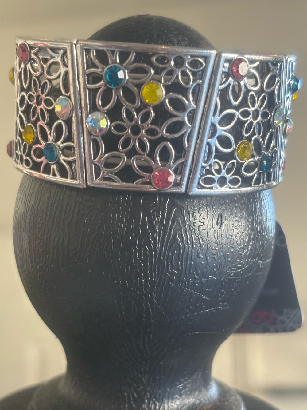 Silver Floral Filigree Stretch Bracelet with Multicolor Crystals